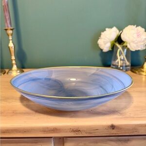 Romero Glass Fruit Bowl - Blue Swirl glass Gold Rim Centerpiece 13x9x 3"